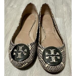 Tory Burch Reva Silver Snake Print Ballet Flats Women's Size 6.5 Leather